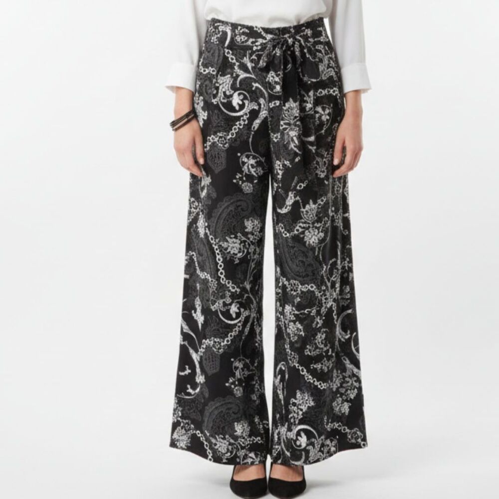 EST 1948 Black & White Floral Chain Print Belted Palazzo Wide Leg Pants XS NEW